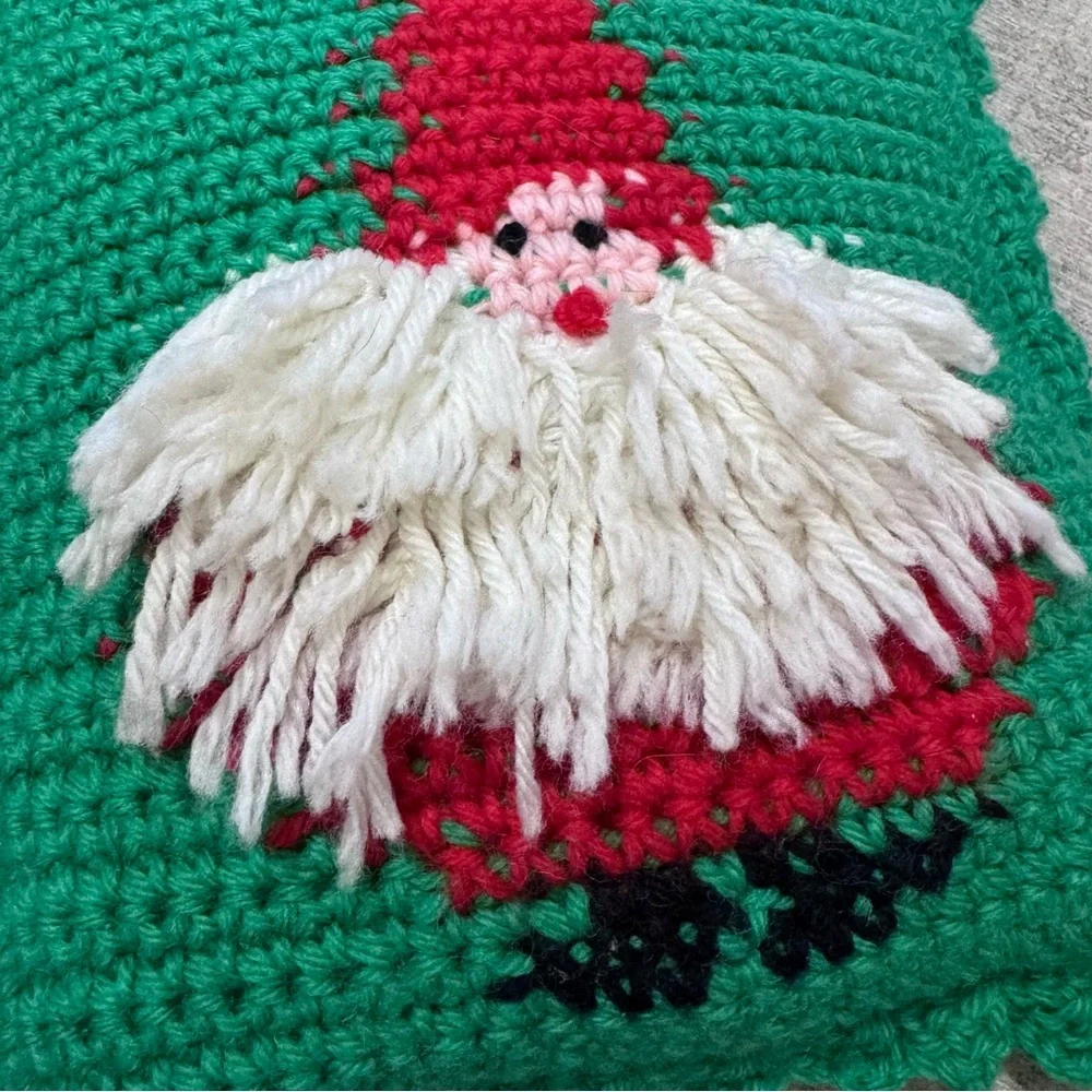 Vintage Green and Red Santa Crochet Pillow Christmas Holiday Decor